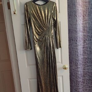 Tadsahi Shoji Gold Metallic Kramer Draped Long Sleeve Gown
